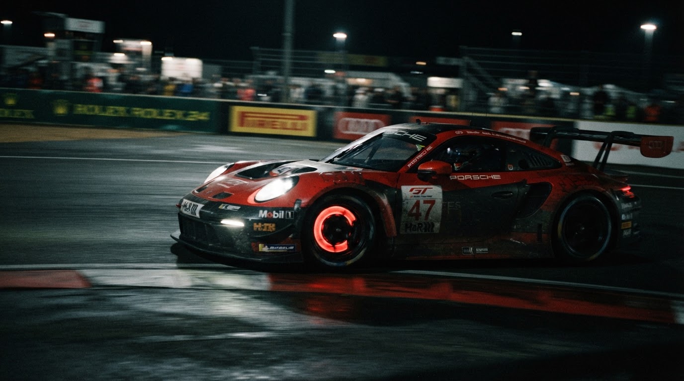 Voiture de course au freinage sur circuit