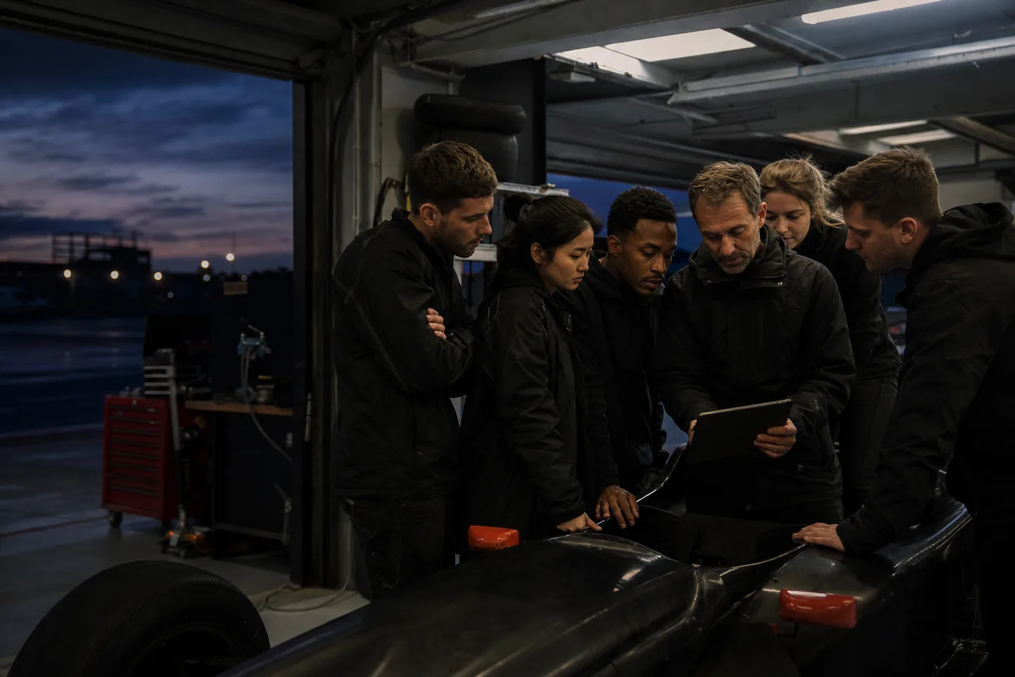 Mentors et élèves RaceLink travaillant ensemble dans le paddock